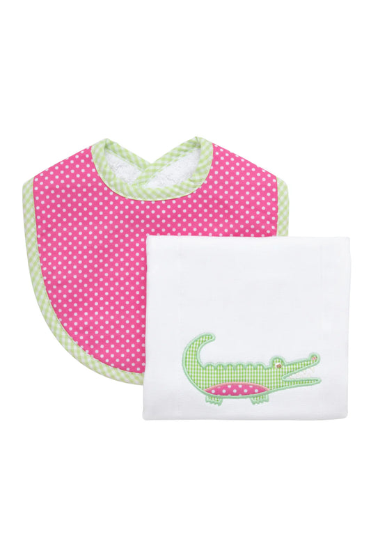 PINK ALLIGATOR BASIC BIB & BURP SET
