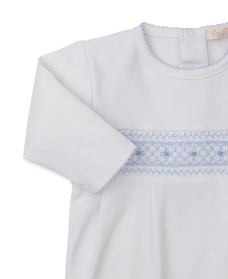 WHITE/BLUE SMOCKED FOOTIE