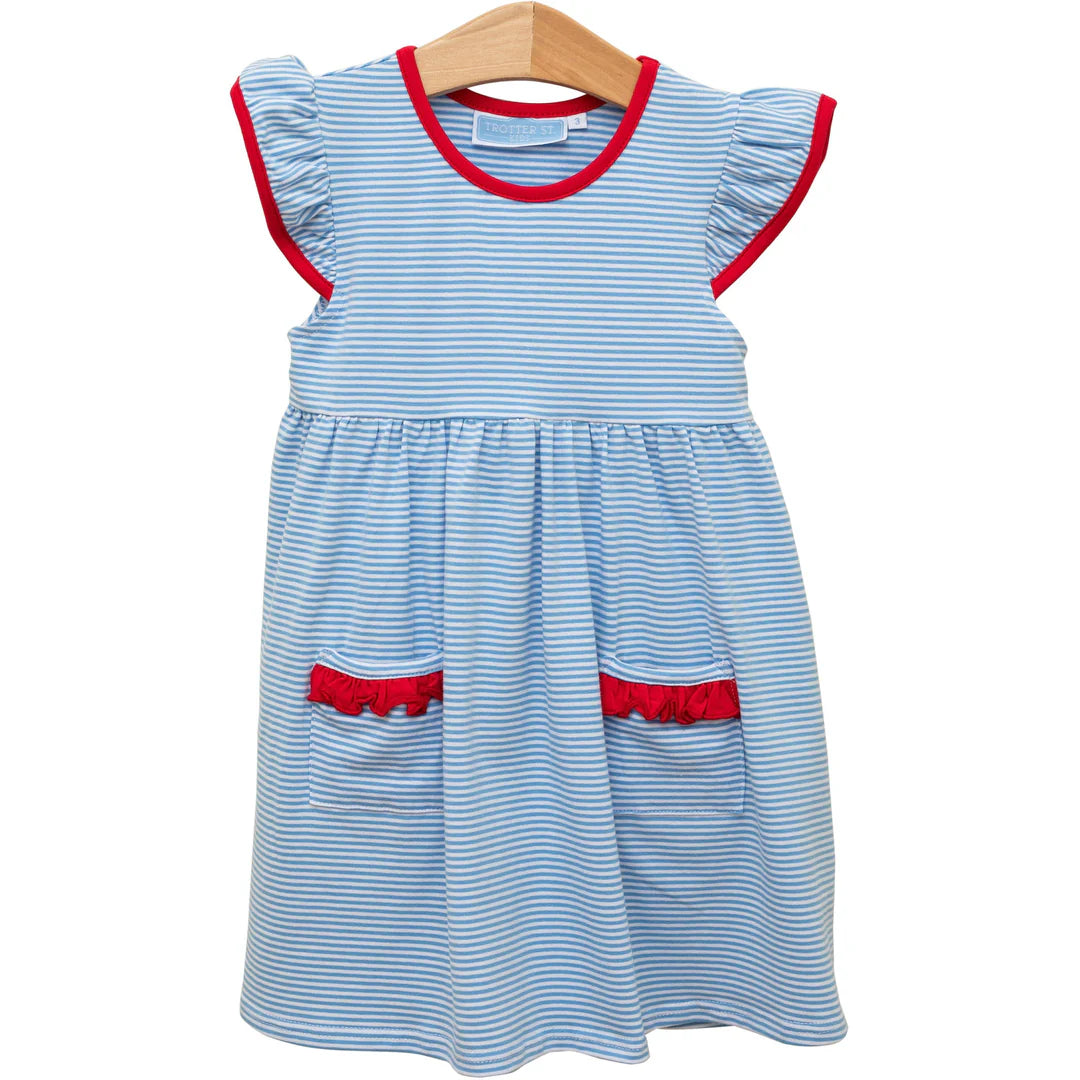 LUCY DRESS CORNFLOWER STRIPE/RED