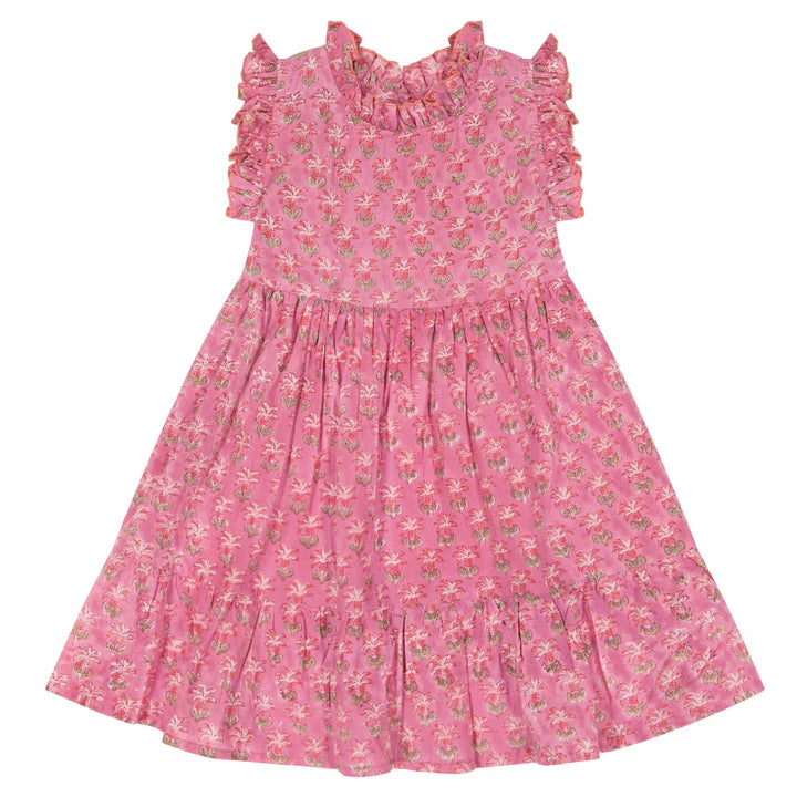 ONDINE RUFFLE DRESS PINK PALM