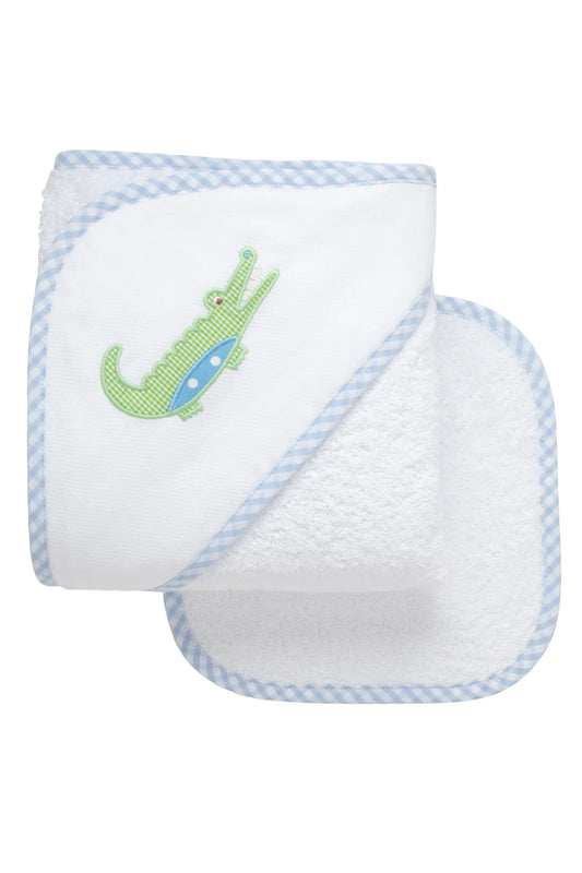 BLUE ALLIGATOR APPLIQUE HOODED TOWEL SET