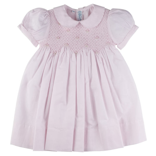 PINK SCALLOPED PEARL SMOCKED DRESS