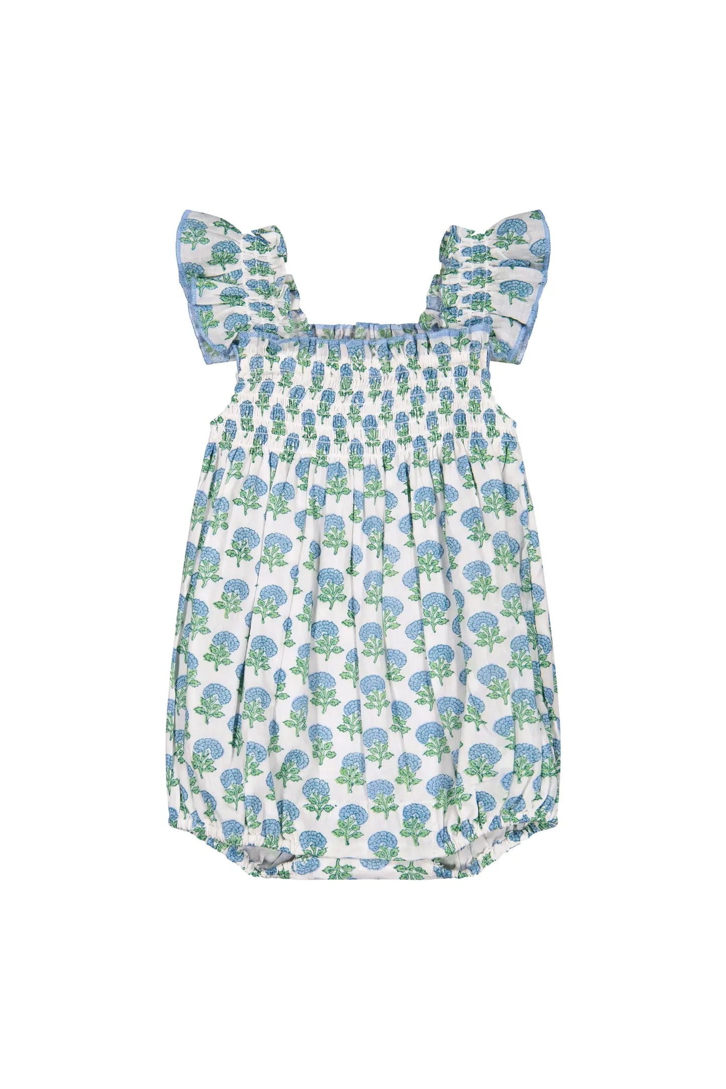 LEILA ROMPER AQUA FLORAL BLOCK PRINT