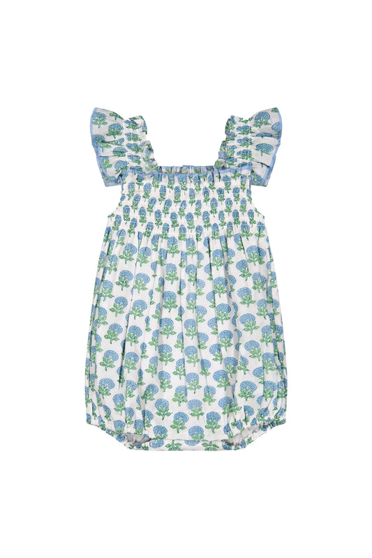 LEILA ROMPER AQUA FLORAL BLOCK PRINT