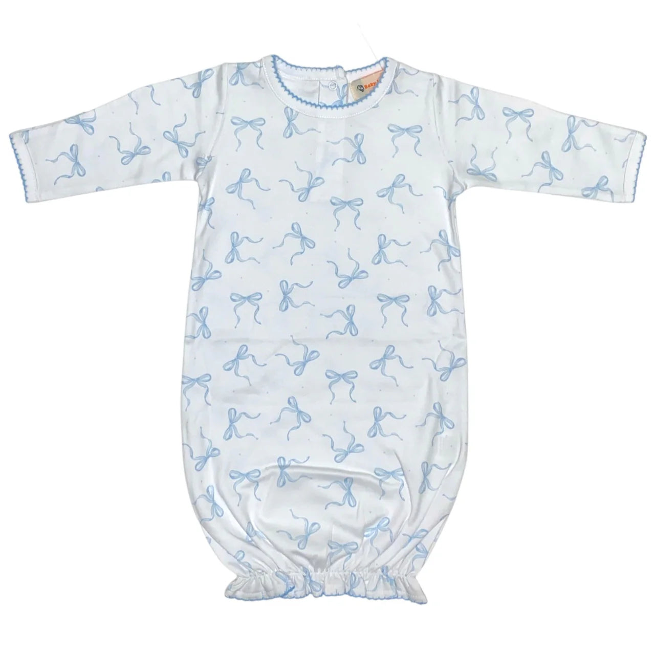 WHITE/BLUE BOW PRINT RUFFLE GOWN