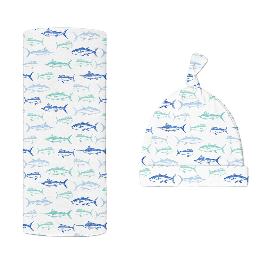 MARITIME MEDLEY BLUE HAT/SWADDLE SET