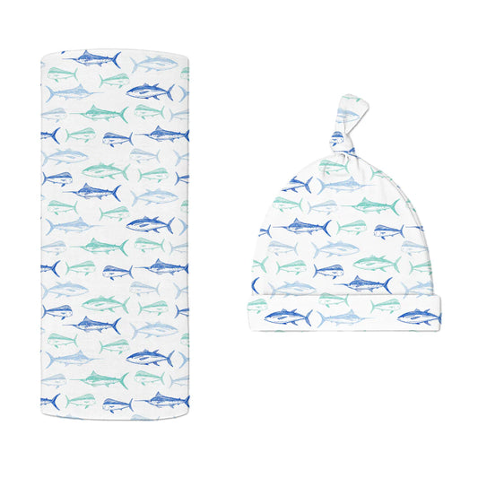 MARITIME MEDLEY BLUE HAT/SWADDLE SET