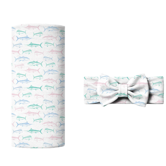 MARITIME MEDLEY PINK BOW/SWADDLE SET
