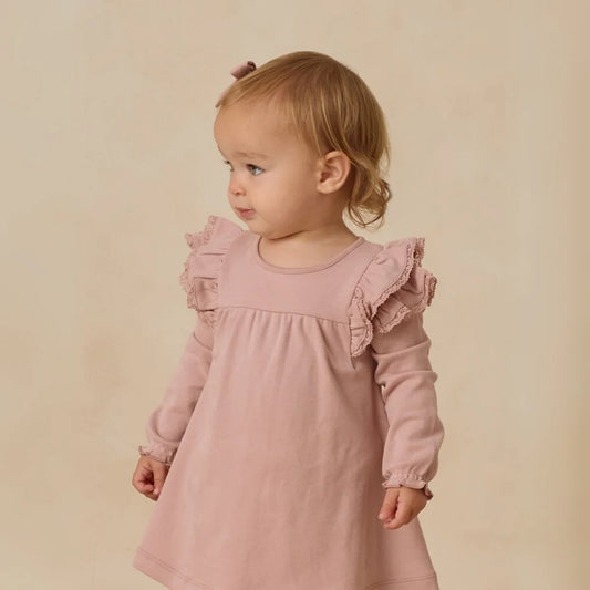 DUSTY ROSE LS FLUTTER DRESS