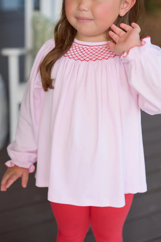 BETTY SUE SMOCKED TOP PINK/RED