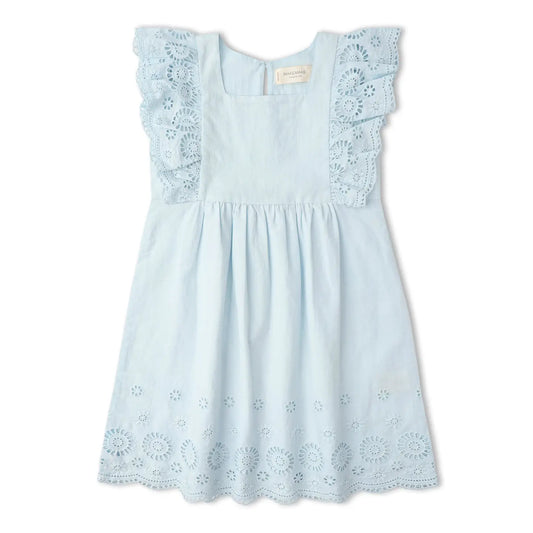 ORGANIC EYELET FLUTTER DRESS BLUE