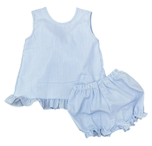 MAE BLOOMER SET BLUE SEERSUCKER